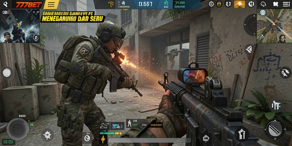 Screenshot gameplay FPS 777BET yang menampilkan aksi tembak-menembak yang intens.