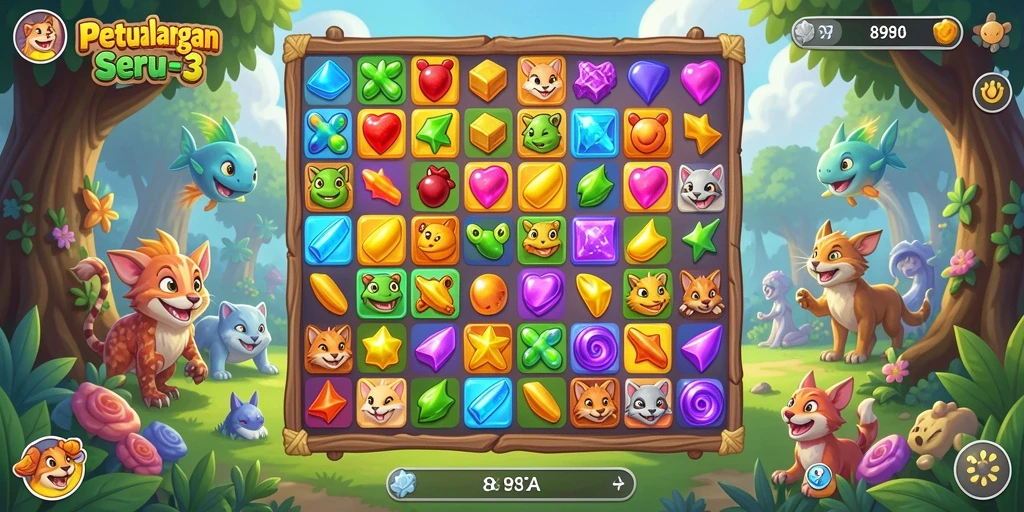 Gameplay seru Match-3 dengan desain menarik.