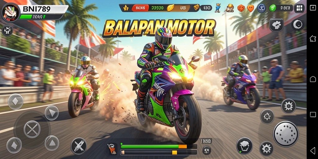 Screenshot BNI789 menampilkan aksi balapan motor yang cepat dan dinamis.