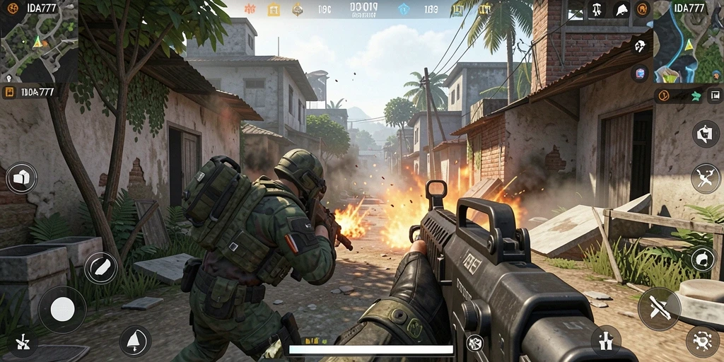 Screenshot gameplay IDA777 menampilkan aksi pertempuran intens dalam lingkungan yang dinamis.