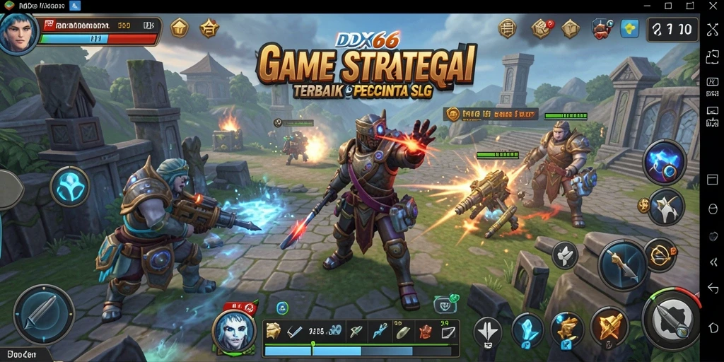 Screenshot utama IDX66 menunjukkan aksi pertarungan strategis dan pembangunan kerajaan.