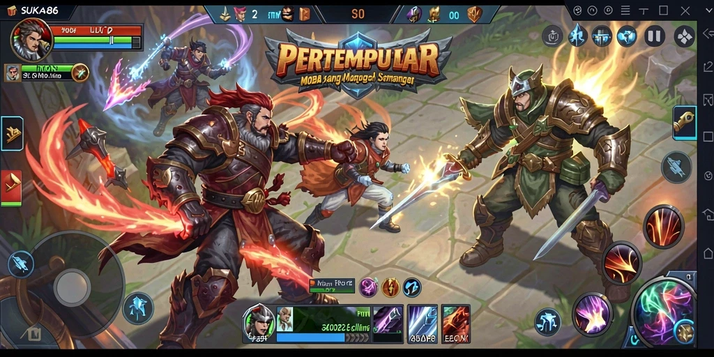 Screenshot gameplay intens dari SUKA86 yang menampilkan aksi pertempuran MOBA.